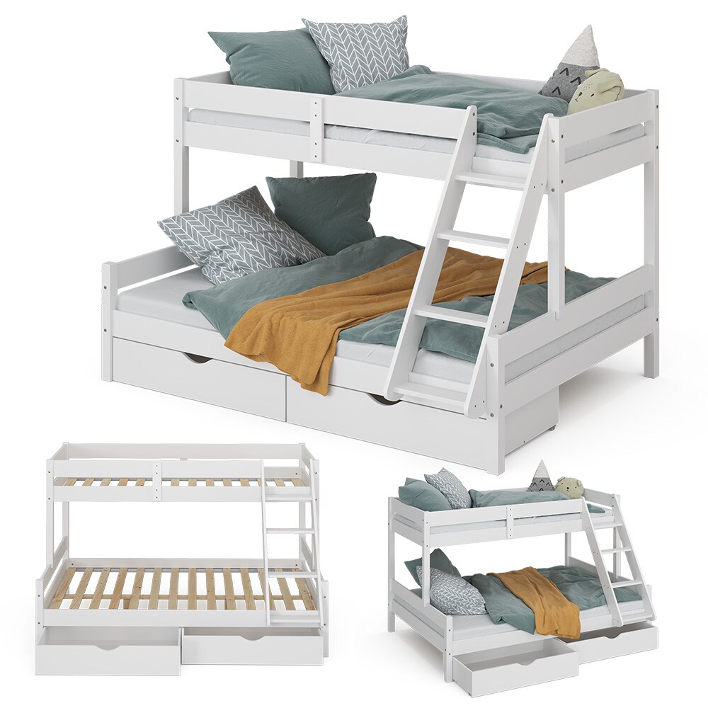 VitaliSpa Hochbett Kinderbett Spielbett Everest Weiß modern 140x200 Massivholz Kinderzimmer Bett Lattenrost Bettleiter Kletterbett Doppelbett Geschwisterbett Bettschublade Rollschublade