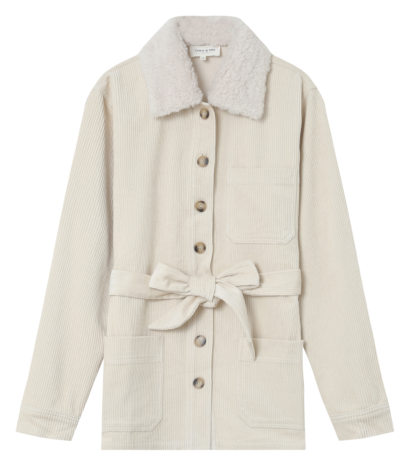 LARA - Veste col classique en coton de velours côtelé| Beige