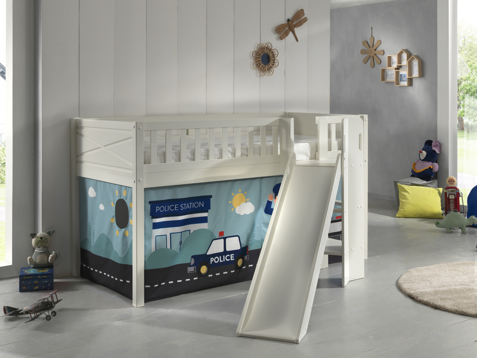 Spielbett SCOTT - weiß - Police - mit Rutsche, Vorhang und Leiter - 90x200 cm
