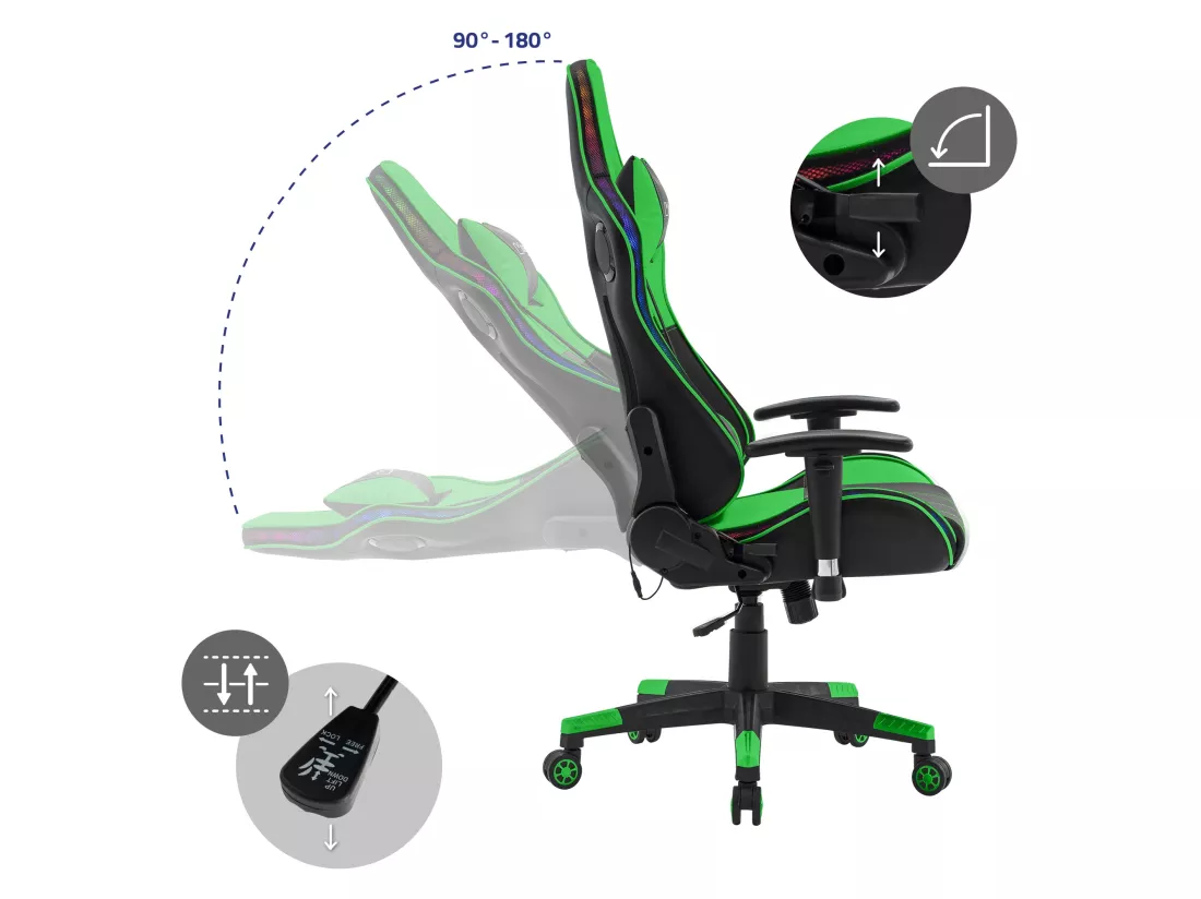 Chaise de jeu avec éclairage RGB & Bluetooth Boxes Noir/Vert en similicuir ML-Design