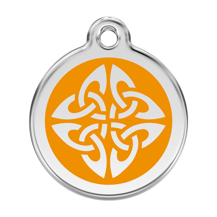 Placa de identificação para cães em aço inoxidável esmaltado com desenho tribal de flechas na cor laranja.