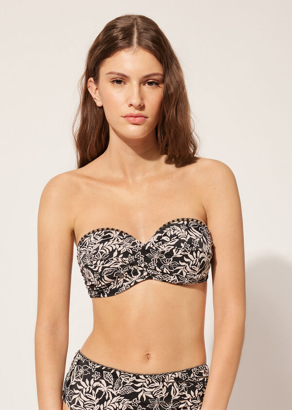 Top de biquíni bandeau levemente acolchoado com estampa botânica em preto e branco.