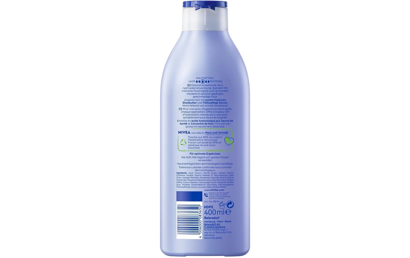 Body Lotion Verwöhnende Soft Milk 400 mlKörperpflege angereichert mit purem Hyaluron, Shea Butter