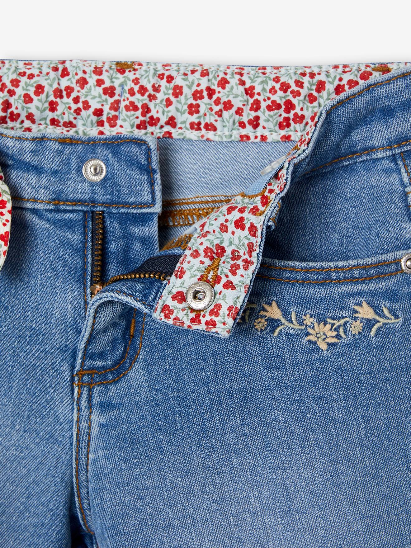 Shorts jeans bordados com laço de estampa floral, para meninas, lavagem azul escura