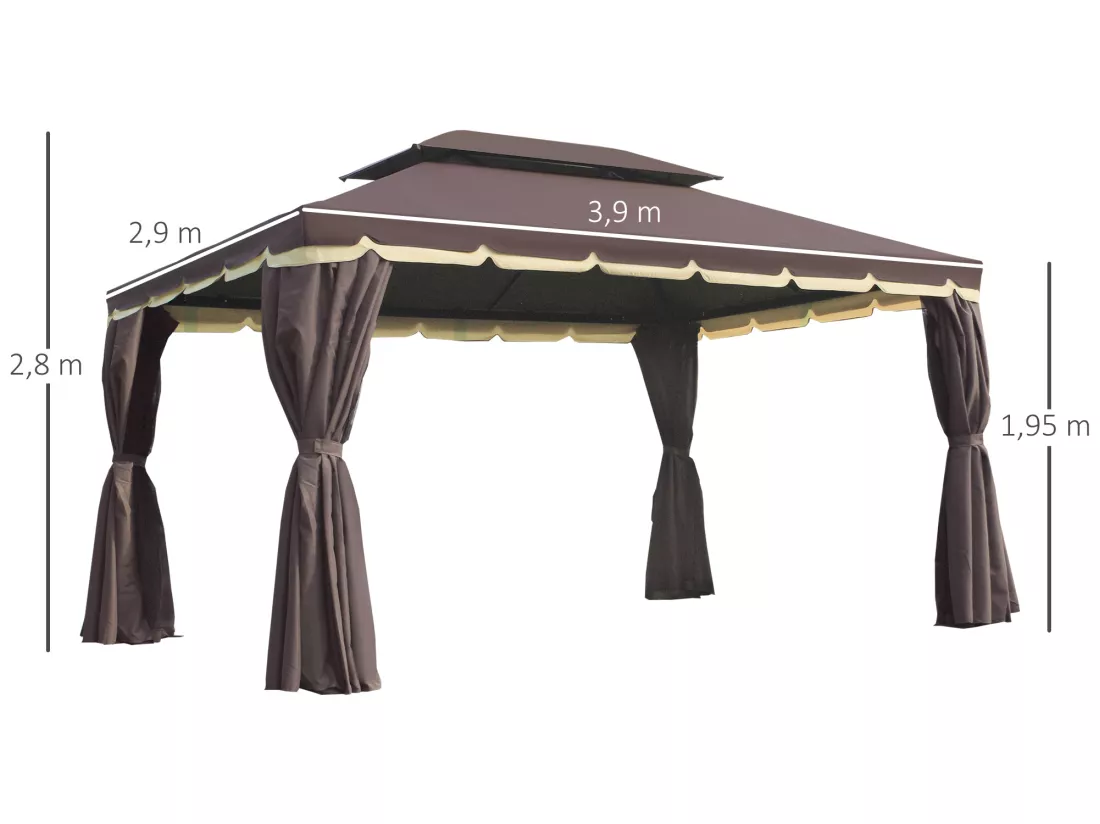 Tonnelle barnum pavillon de jardin style colonial double toit toile moustiquaires et toiles amovibles 3,9L x 2,9l x 2,8H m chocolat