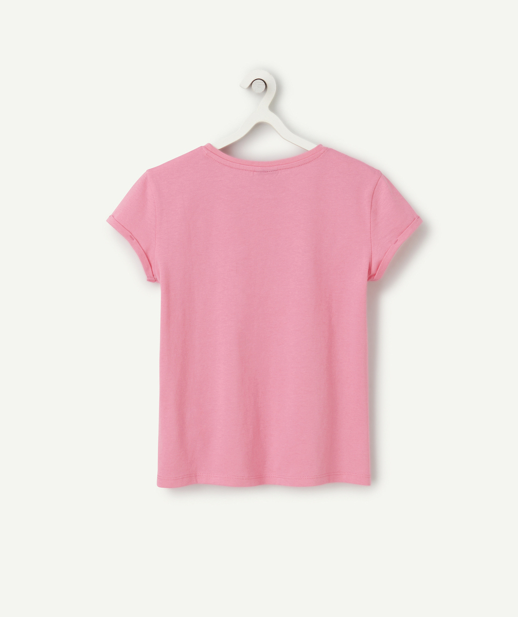 t-shirt manches courtes fille en coton bio rose motif tahiti