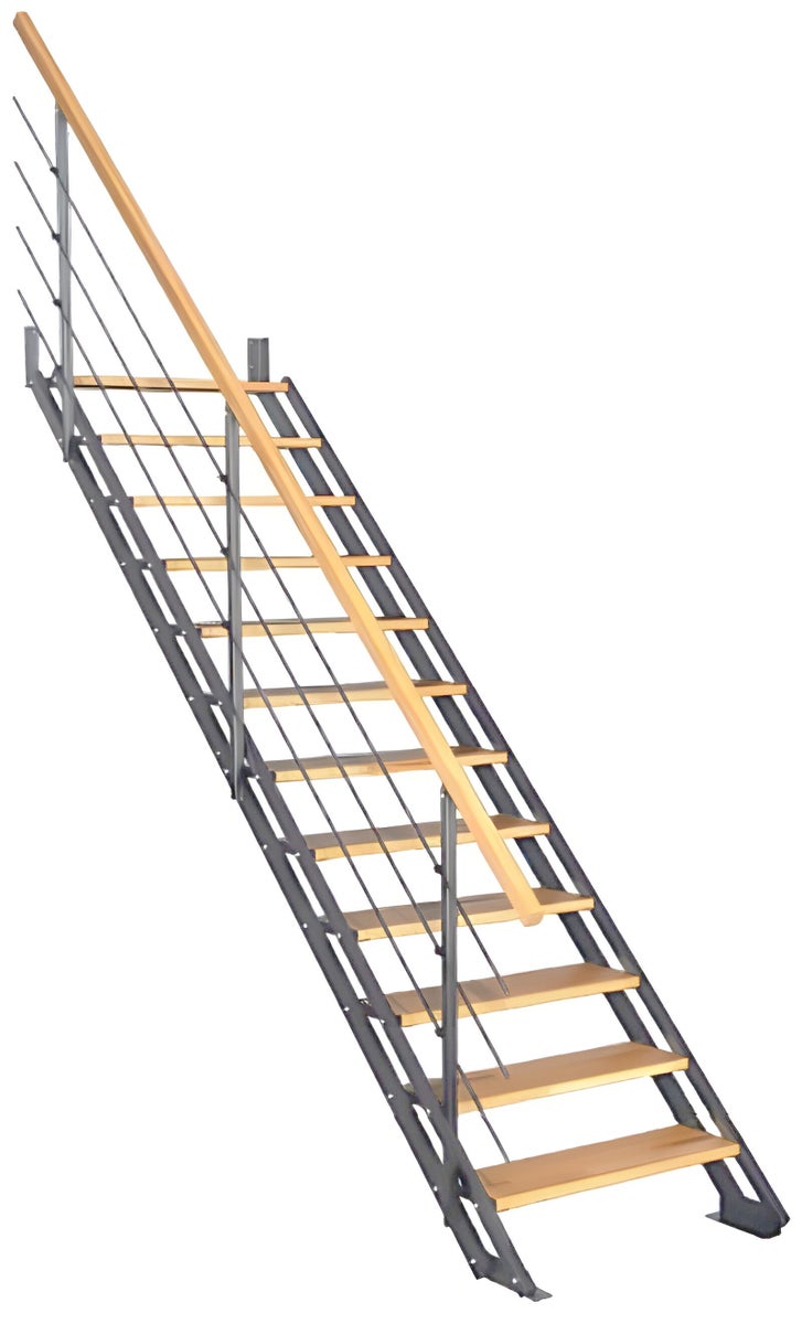 HANDYSTAIRS rechte trap “Synth2” – metalen trap (grijs) met 7 treden van dennenhout – hoogte 1486 – 1696 mm