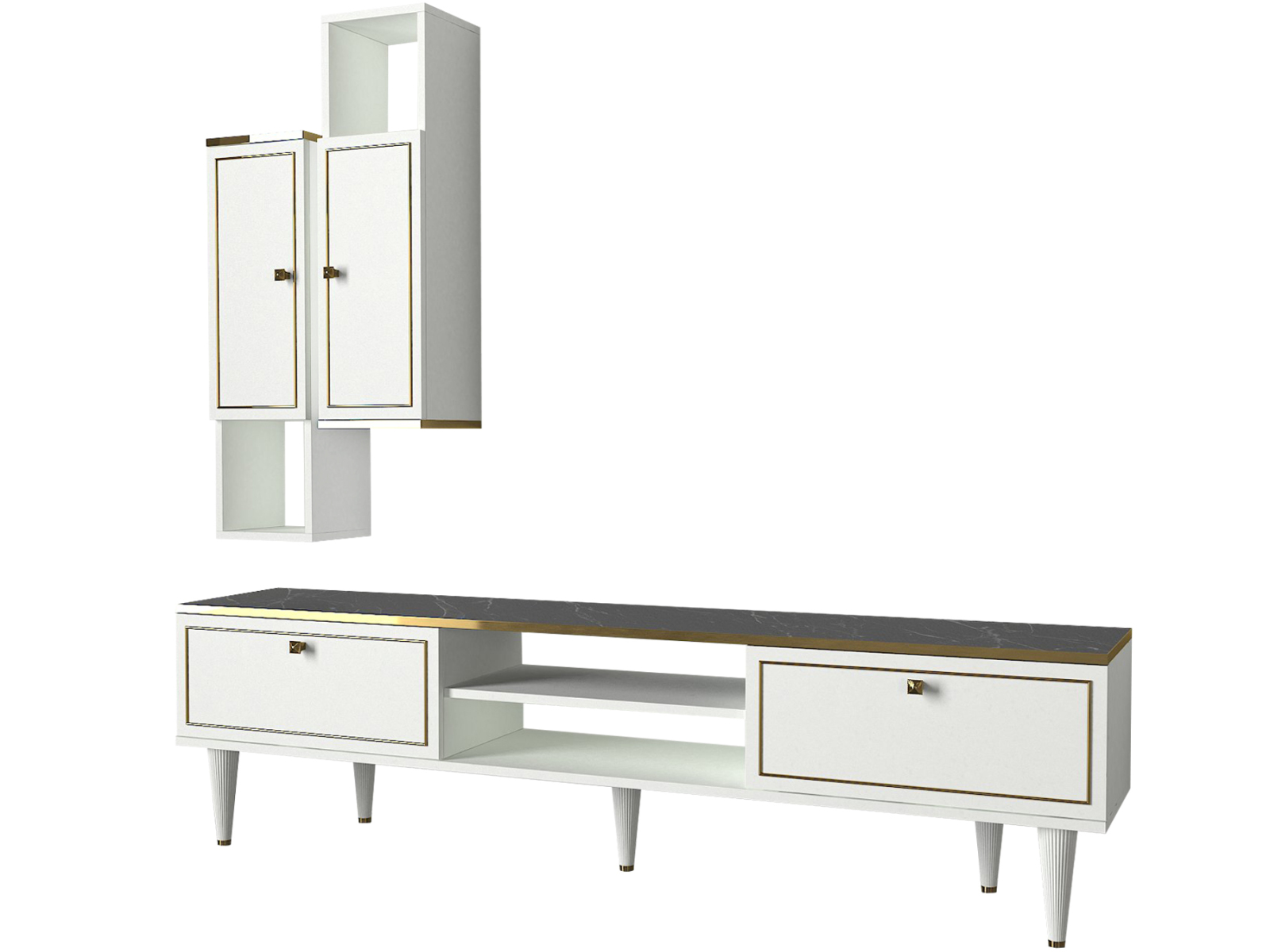 3-teilige Wohnwand - weiß-gold - Marmor-Optik - 180 cm
