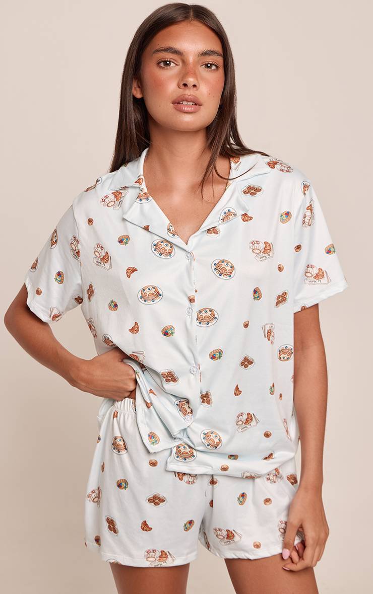 Bleu Ensemble Pyjama Imprimé Petit-déjeuner À Manches Courtes Avec Boutonnage