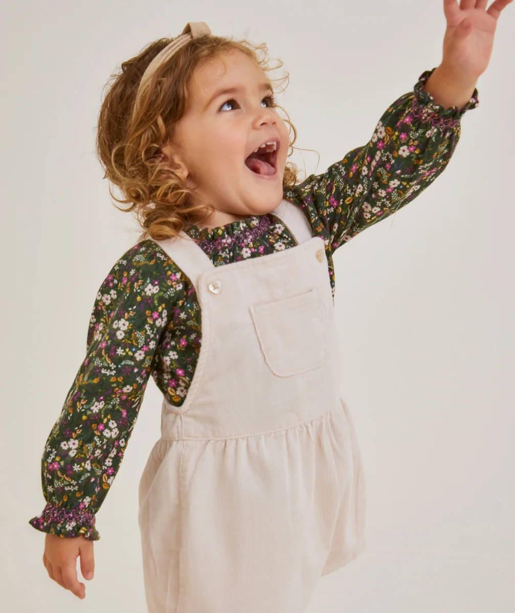 ROBE SALOPETTE BÉBÉ FILLE EN VELOURS ÉCRUE CÔTELÉE