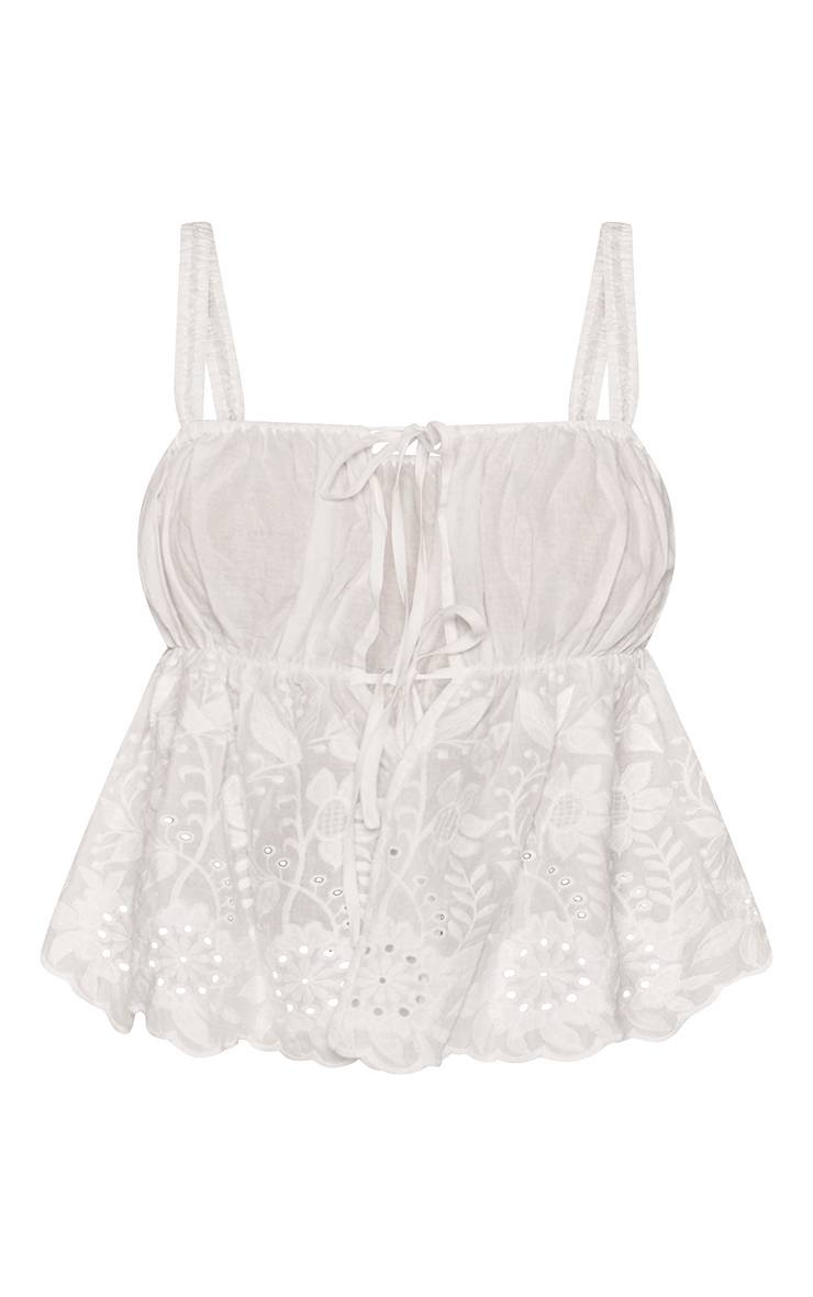 Blanc Ensemble Haut Baby Doll À Broderies Florales Avec Détail Nœud