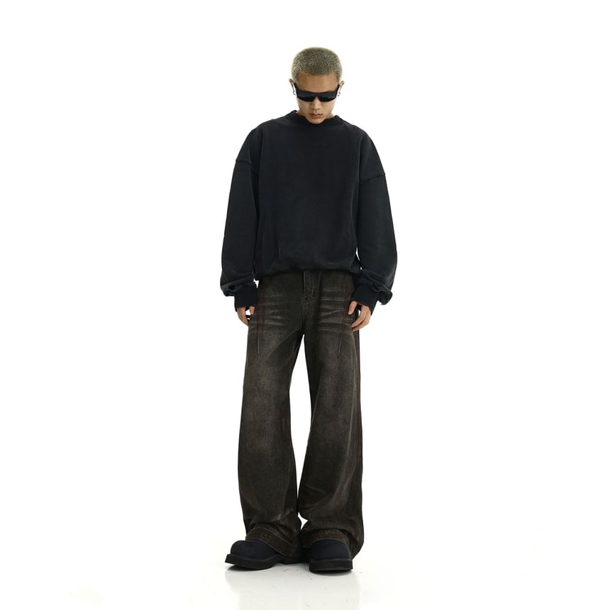 Meiksip - Mid Rise Washed Straight Leg Jeans