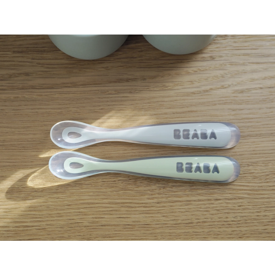 BEABA® Babylöffel 2er Set aus Silikon 1. Alterstufe, velvet grau salbeigrün