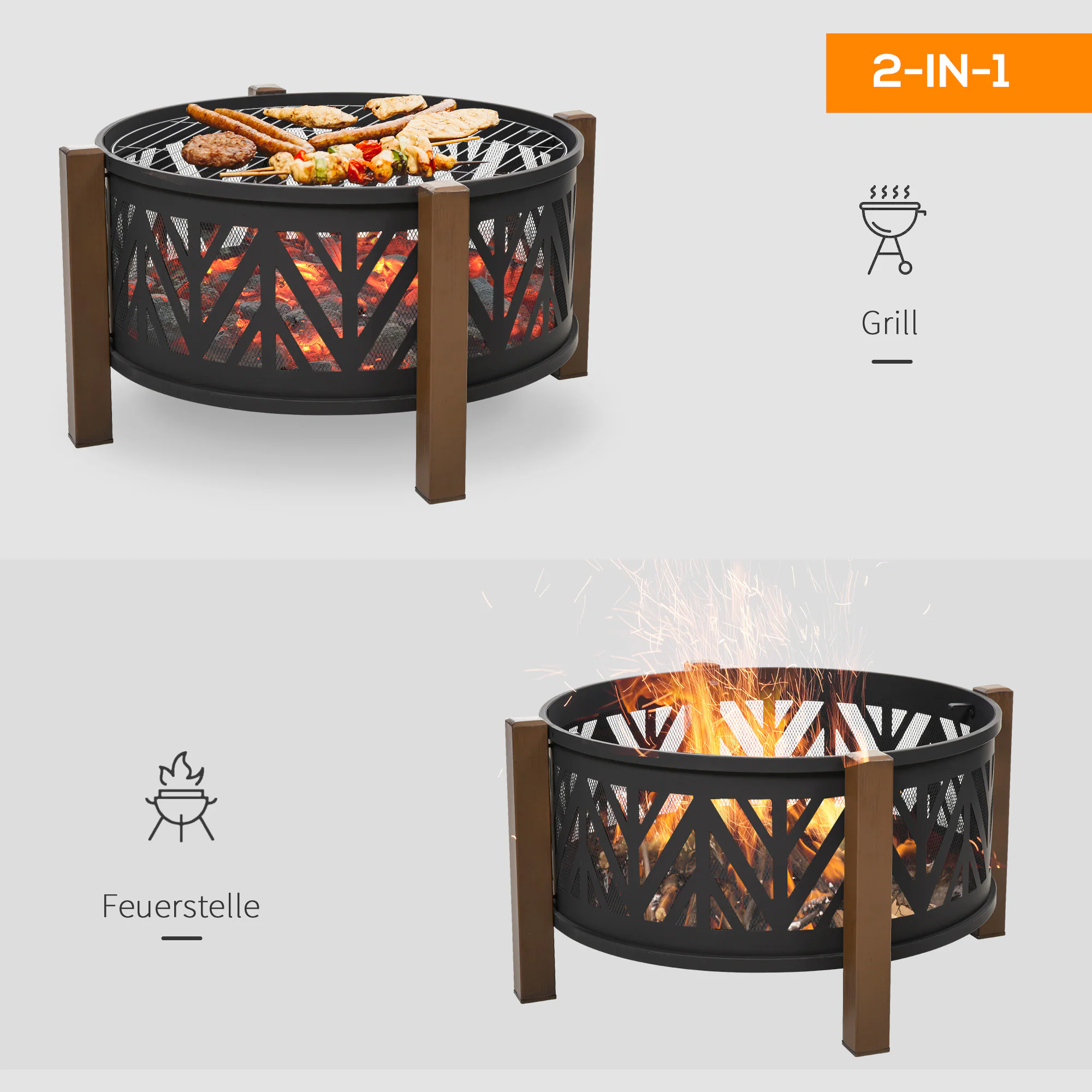 Outsunny Feuerschale mit Grillrost schwarz, braun Ø78 x 60H cm