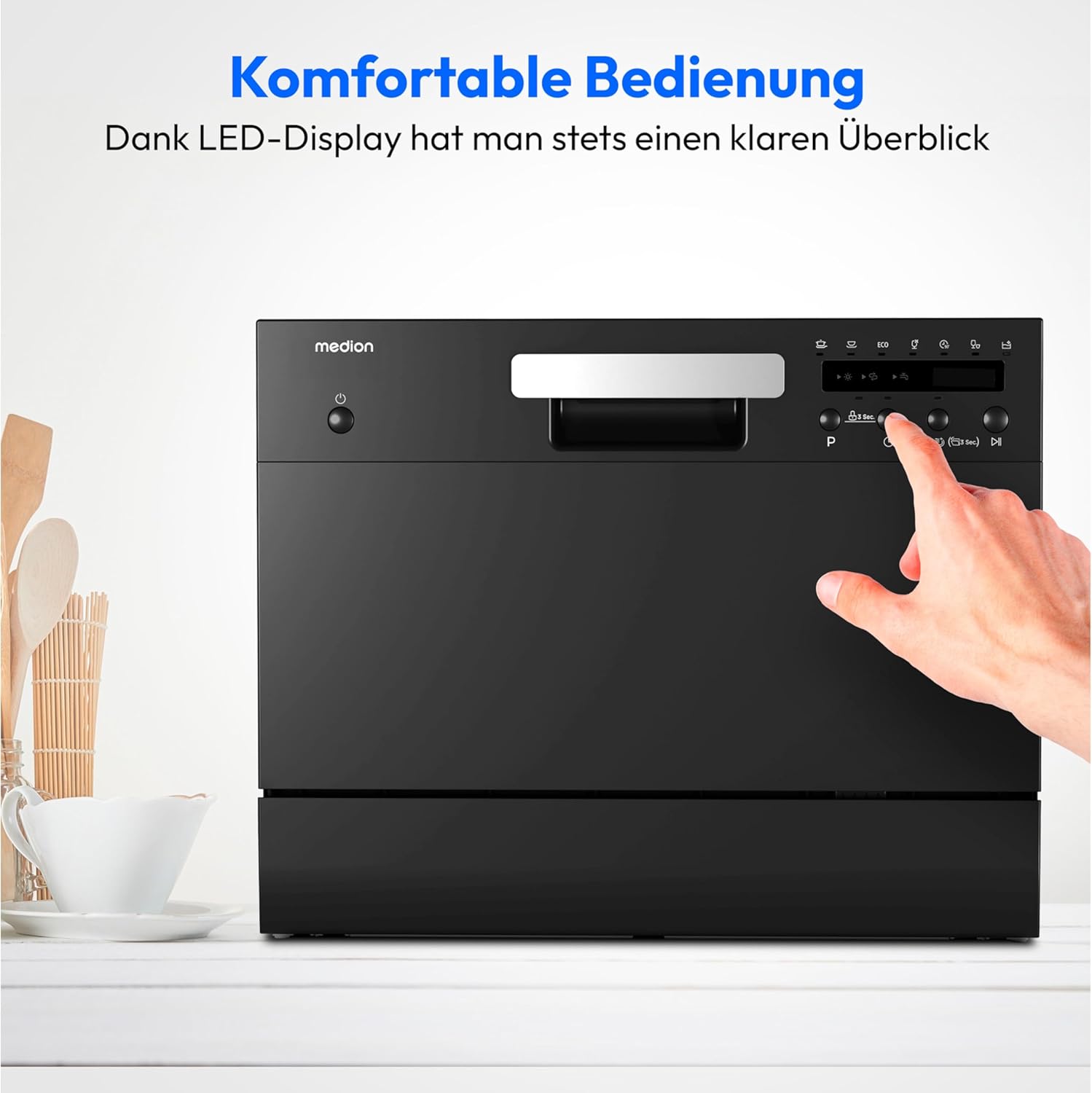 MEDION Tischgeschirrspüler DWT60 (6 Gedecke Fassungsvermögen, 7 Programme, ECO Programm, ca. 6,5 Liter Verbrauch, AquaStop, LED Display, Kindersicherung, MD37496) schwarz