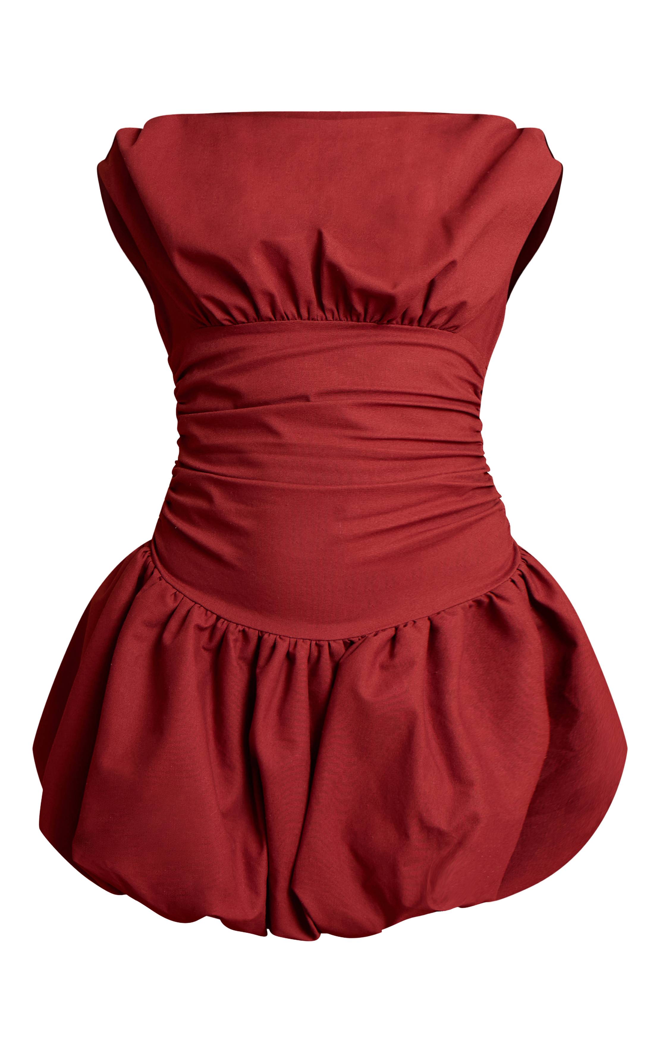 Rouge Profond Robe Ballon À Col Bateau Avec Détails Froncés