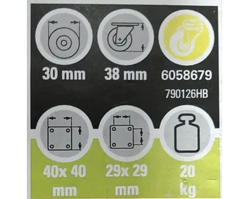 Tarrox transportmaterieel zwenkwiel, tot 20 kg, met plaat, 30 x 38 x 14 mm