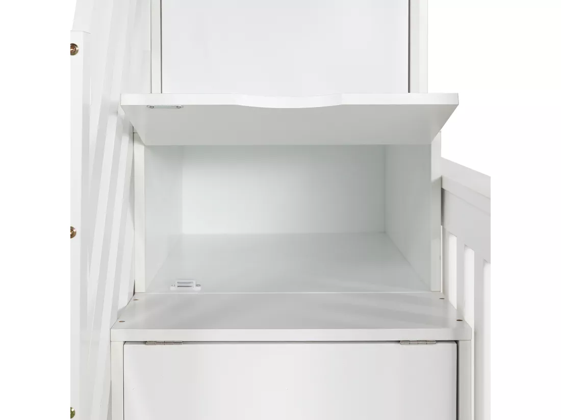 Lit superposé enfant 90x200 cm - avec fenêtre - avec toboggan enfant - tiroirs sur roulettes - escalier avec rampes - bois massif + MDF - blanc (sans matelas)