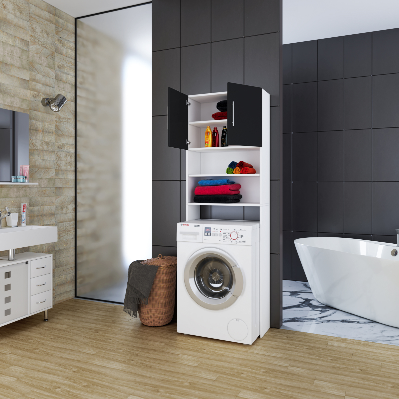 Waschmaschinenschrank JUTAS - weiß-schwarz - 64 cm