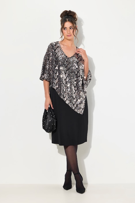 Kleid, doppellagig, V-Ausschnitt, Pailletten, Zipfelsaum