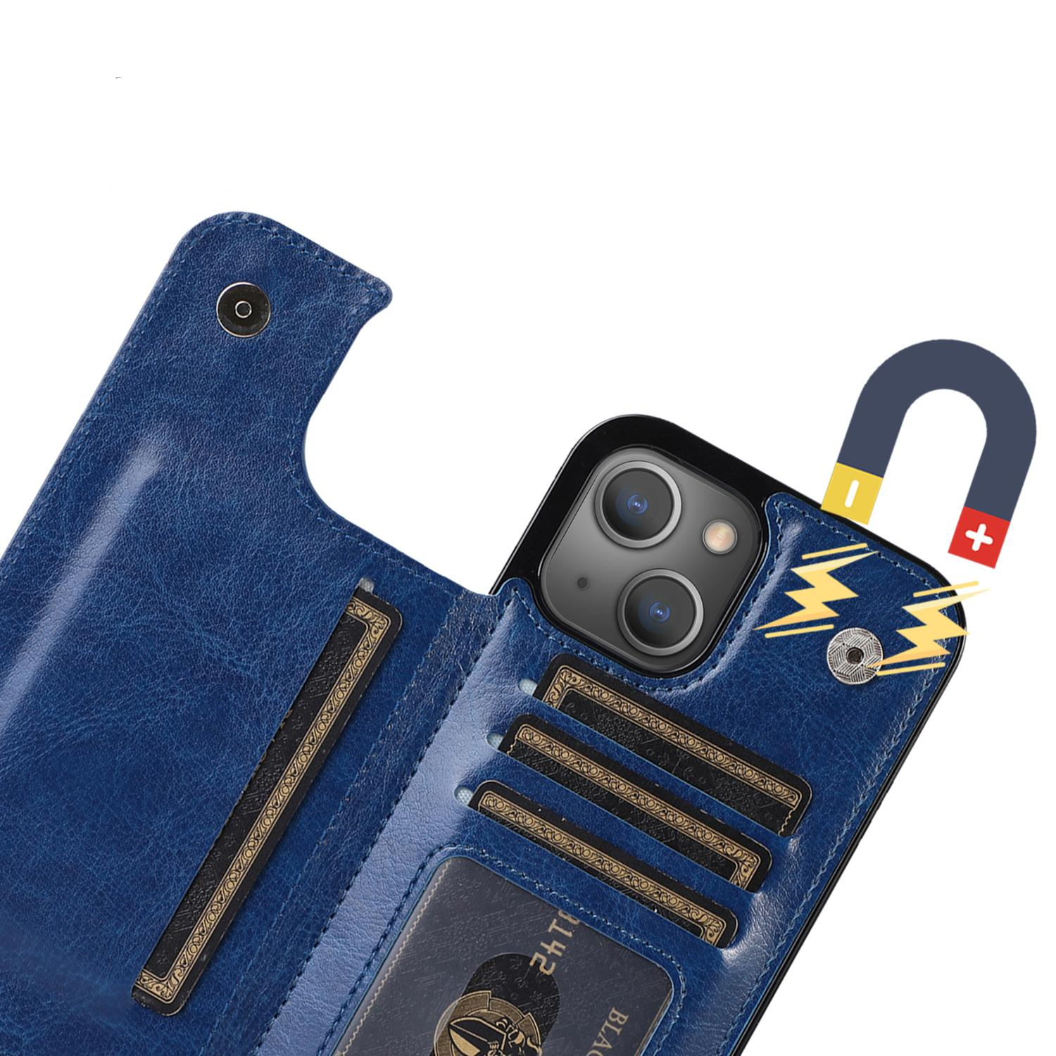 iPhone 14 Hybrid Leder Hülle mit Kartenfach   Kickstand Aufsteller - Blau