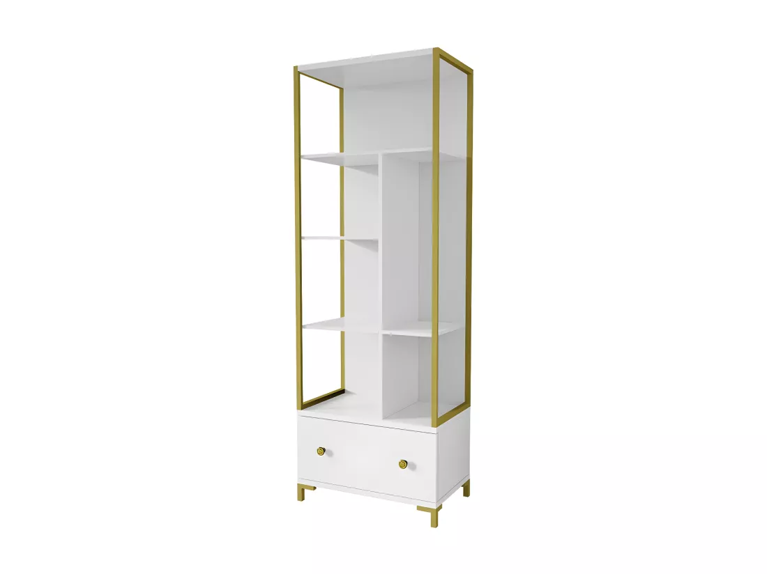 Bibliothèque collection DOUGLAS avec nombreux rangements et finitions dorées, 70 x 200 x 42 cm
