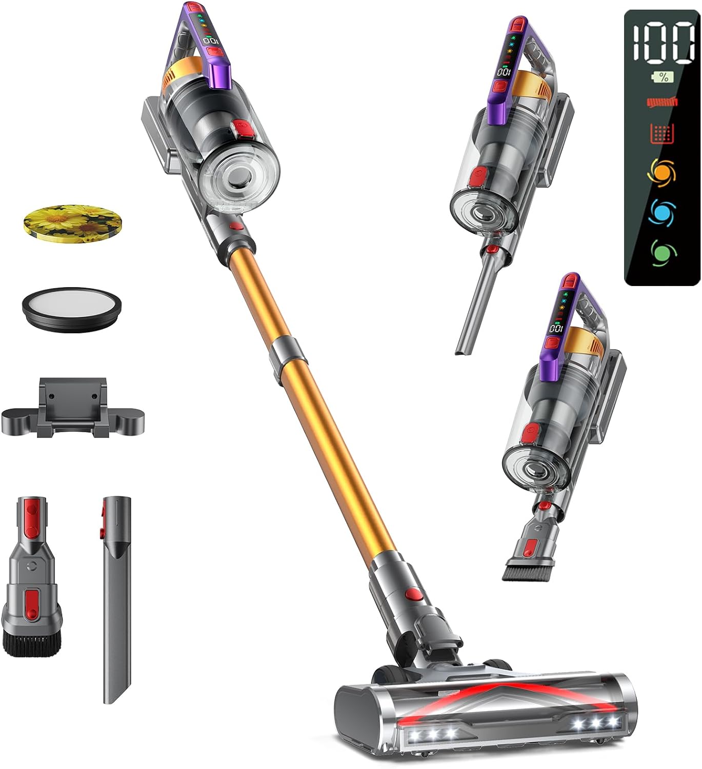 Kissof Akku Staubsauger, 45000Pa/550W/65 Mins Staubsauger Kabellos Mit Selbststehende Funktion, Anti-Tangle-Bodenbürste, Duftkarte, Hocheffizientes Hypa-Filtersystem für Hartböden Teppiche Tierhaare