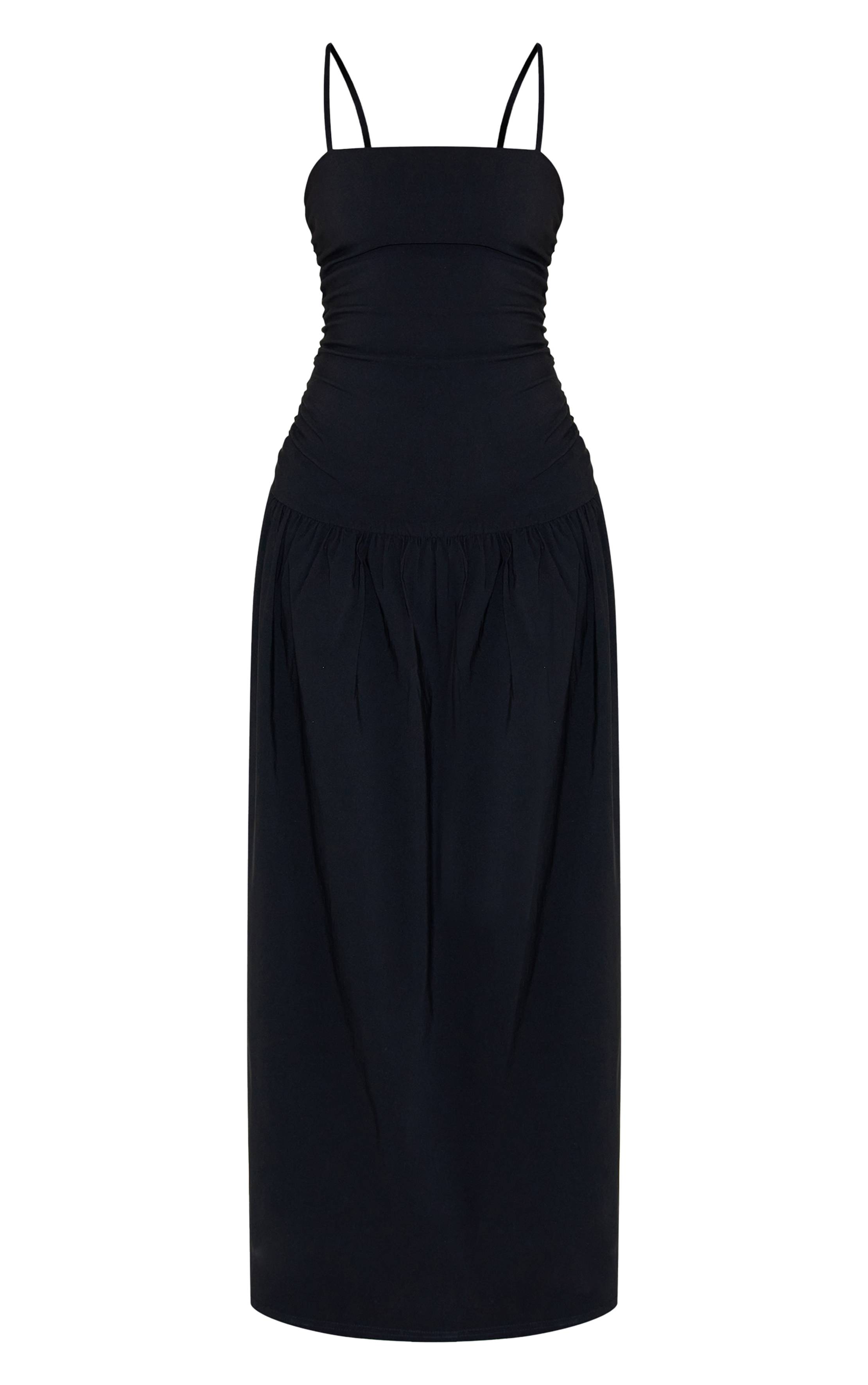 Noir Robe Longue Froncée À Bretelles En Tissu Extensible