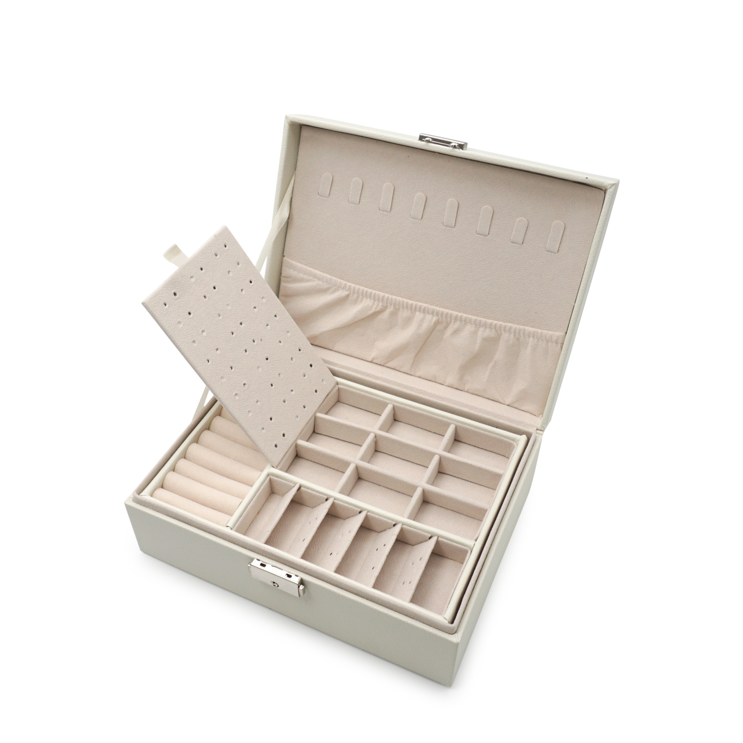 Leder Schmuckschatulle mit Schloss Aufbewahrungsbox Organizer für Ringe / Halskette / Ohrringe / Armbänder - Ivory / Weiss