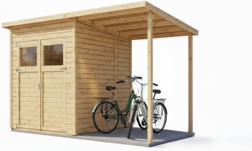 Alpholz Gerätehaus Mollie Plus 335x199 cm Fichtenholz 14 mm Wandstärke Pultdach mit Anbau und Schleppdach inkl. Montagematerial