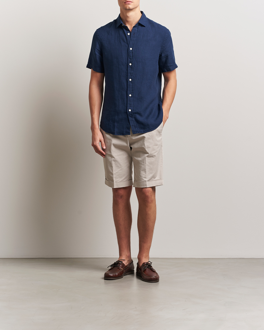 Charles Tyrwhitt Pure Linen Short Sleeve Slim Fit Shirt Navy