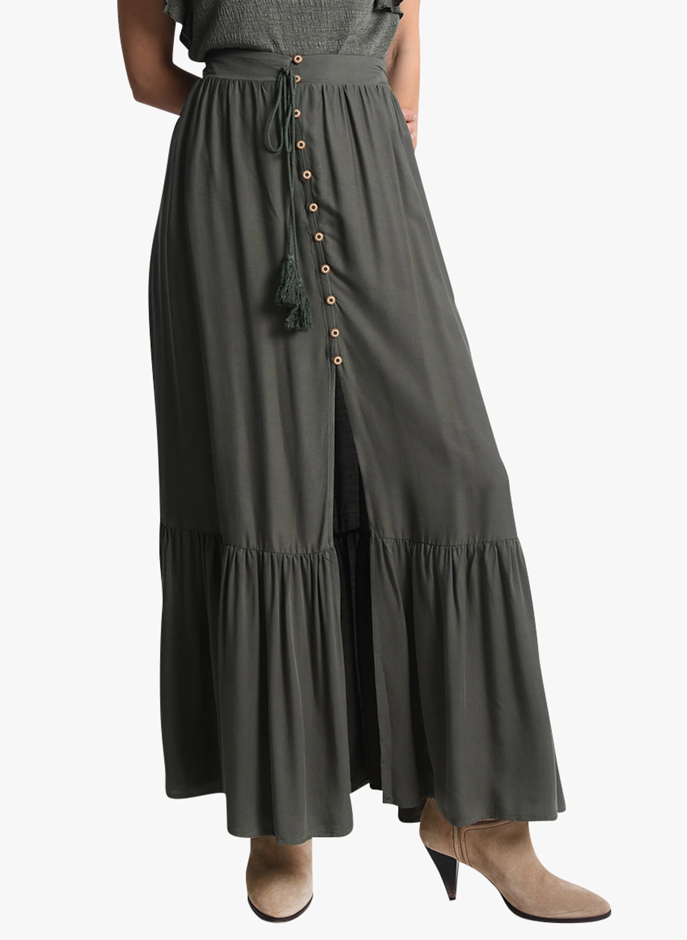 Jupe midi boutonnée| Kaki