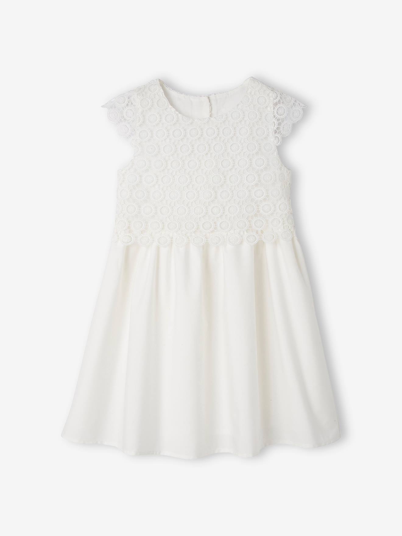 Vestido formal 2 em 1 com sobreposição de macramê, para meninas, branco claro liso