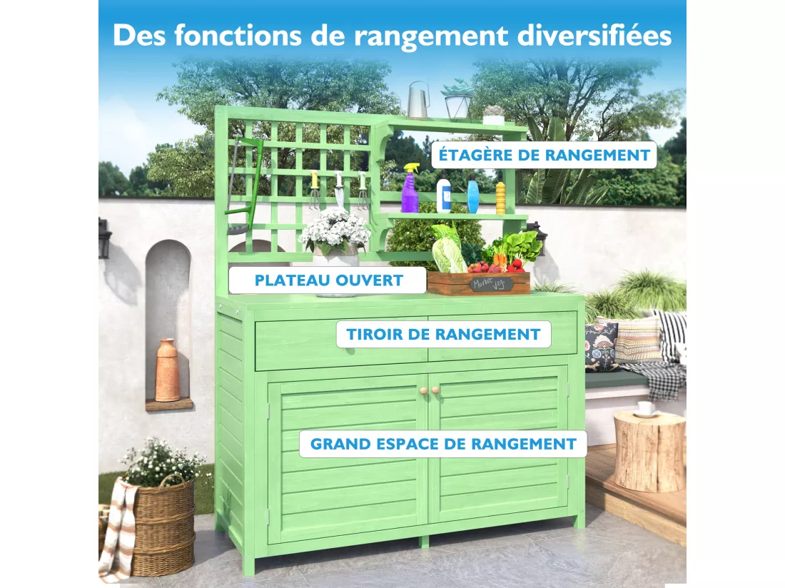 Armoire de jardin, abri de jardin en bois massif avec 2 portes, 2 tiroirs et étagère de rangement - 141.5 x 44 x 105 - Vert