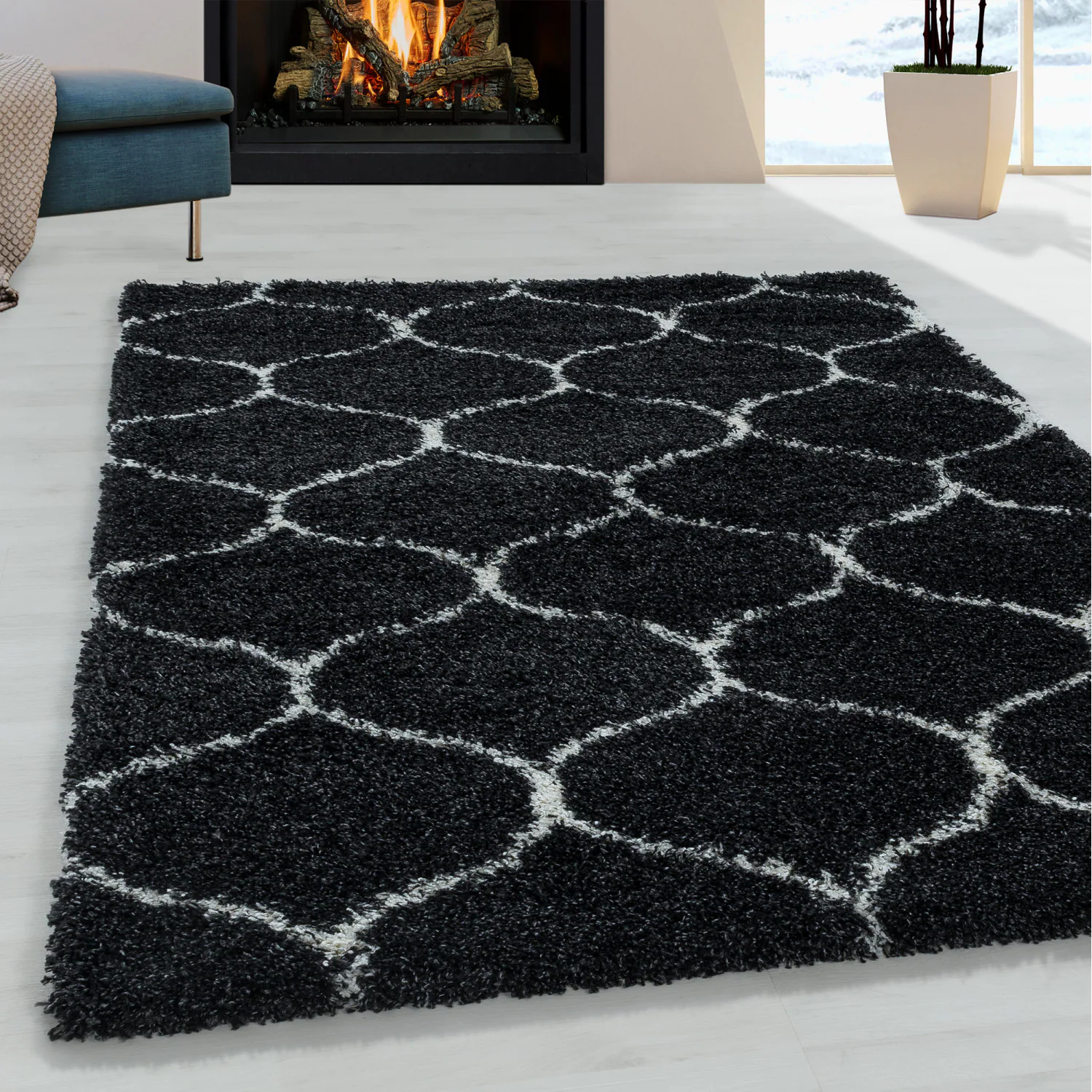 Stilvoller Designer Hochflor Teppich, Skandinavisches Flair, Flauschiger Teppich