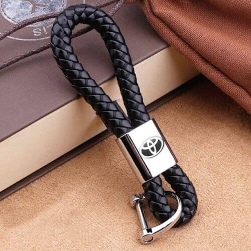 Toyota 2022 Black Braided Leather Metal Keyring Key Chain Fob Car Logo Gift