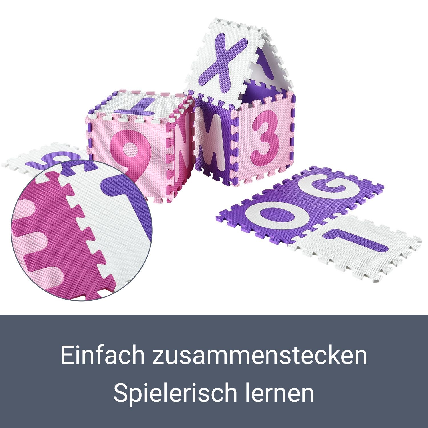 Juskys Kinder Puzzlematte Juna 36 Teile mit Buchstaben & Zahlen - rutschfest – rosa für Mädchen