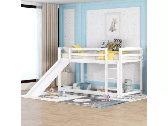 Lits superposés - 2 x 90 x 200 cm - lit enfant avec toboggan de gauche/droite - cadre en bois massif - Blanc