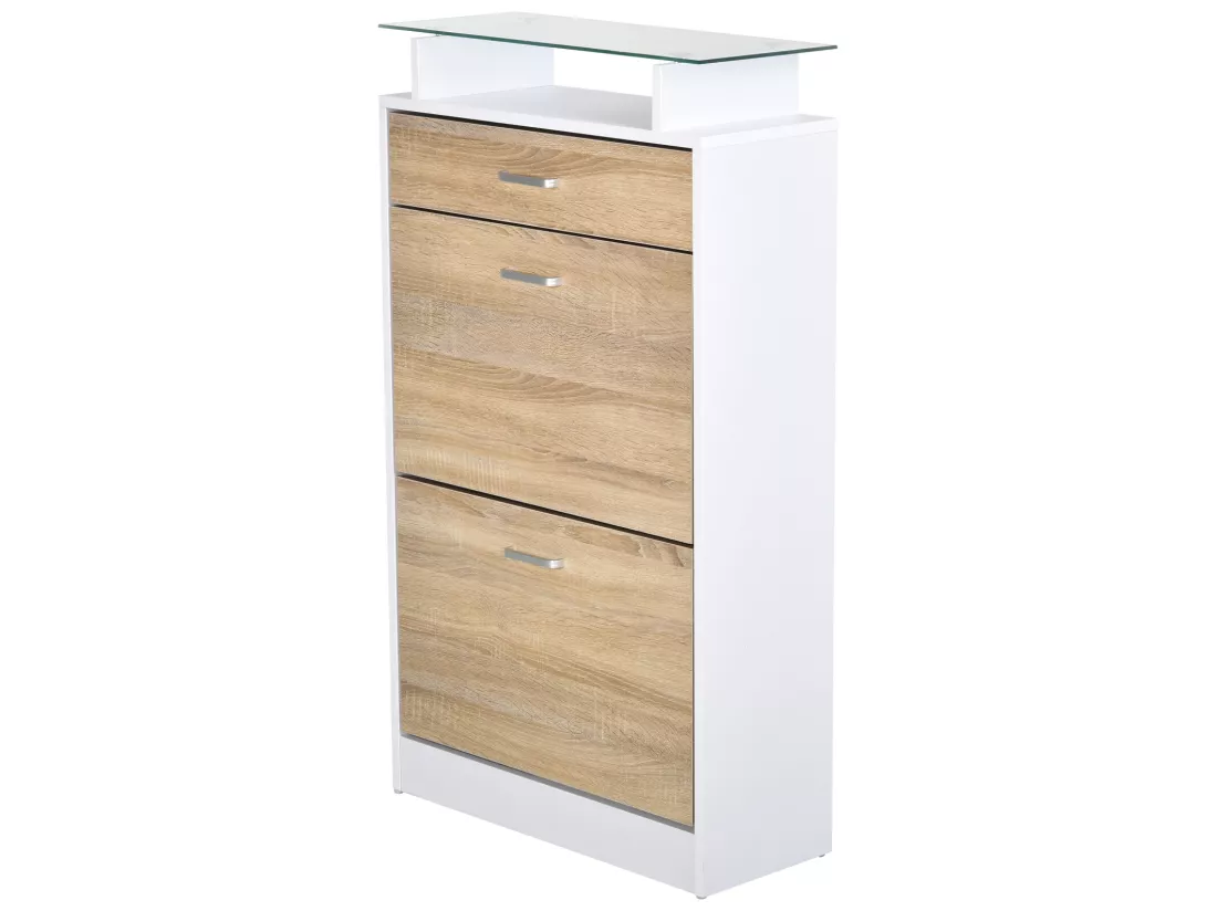 Armoire à chaussures organisateur de luxe pour chaussures 2 portes abattantes 2 compartiments, tiroir, étagère verre panneaux particules chêne blanc