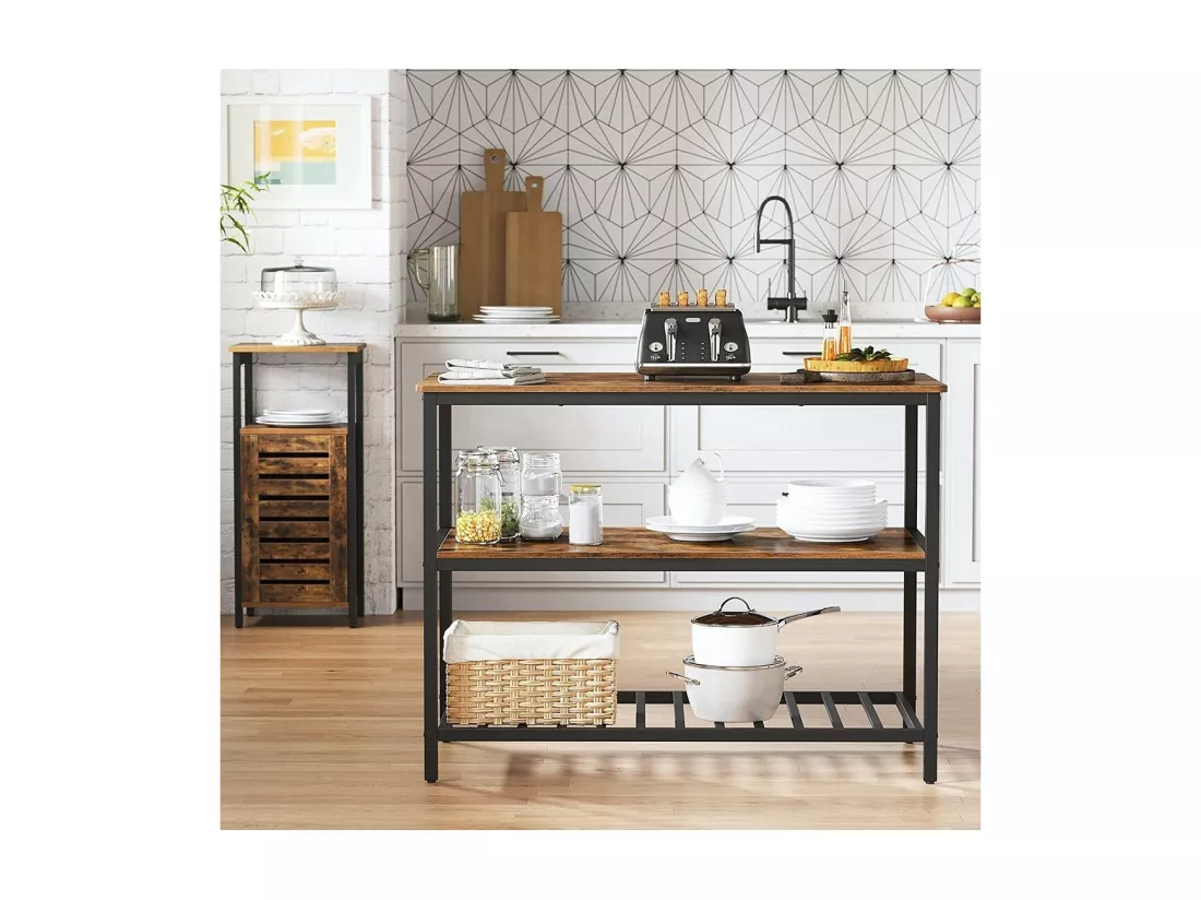 Desserte de cuisine style industriel collection TAMPA structure en métal noir et plateau en bois.