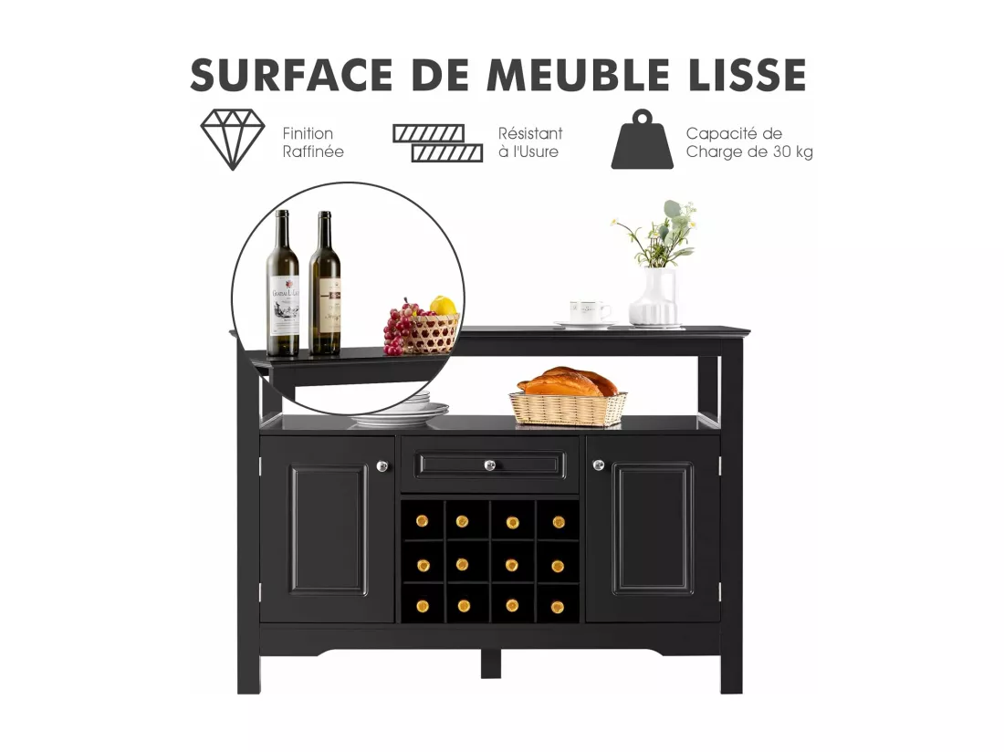 Buffet Cuisine avec Casier à Vin Amovible pour 12 Bouteilles, 2 Etagèress, 1 Tiroir, 2 Placards, Armoire de Cuisine Porte-Bouteille pour Salle à Manger, Salon, 117x40,5x82,5cm (Noir)
