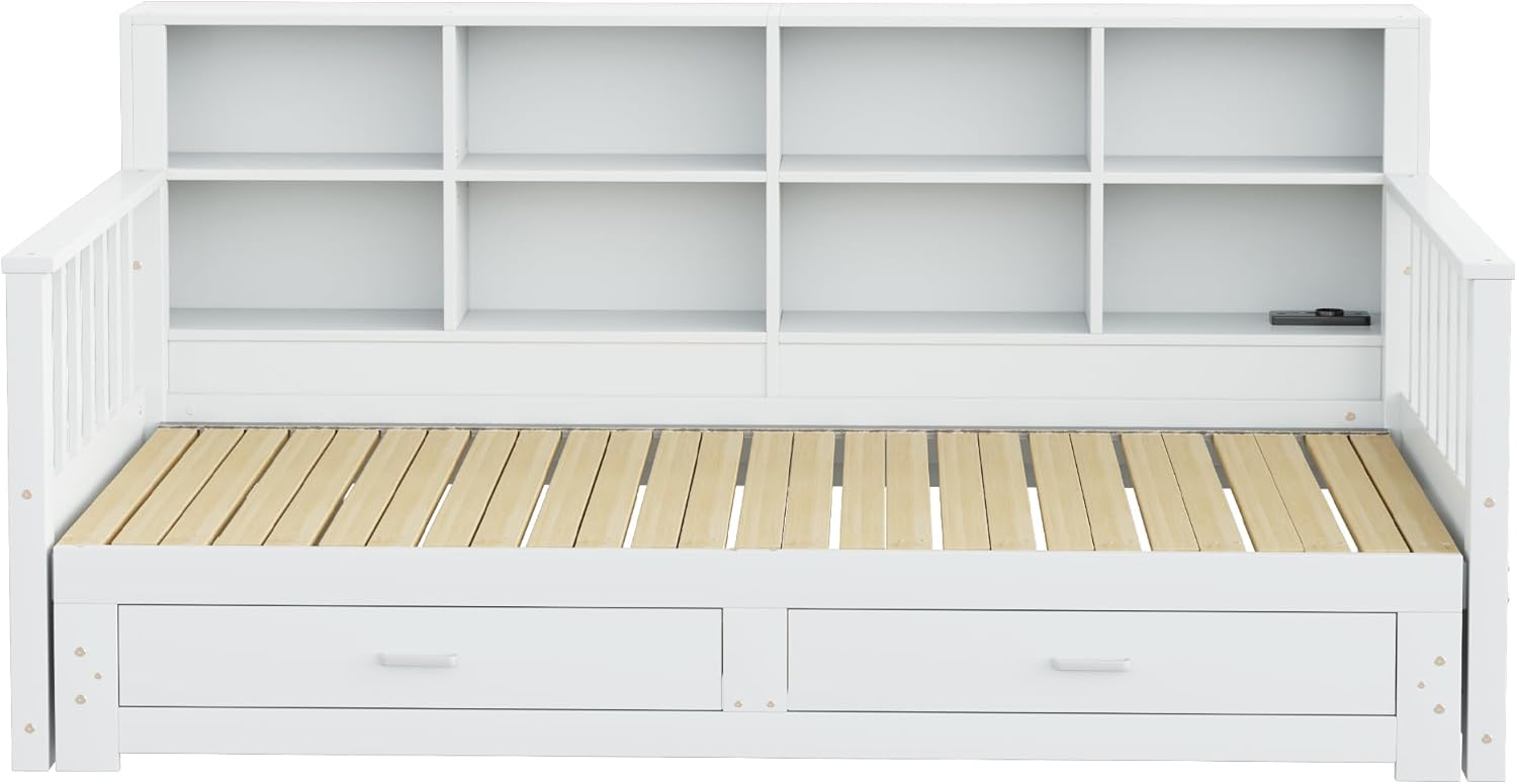 Ausziehbares Massivholz-Schlafsofa 90/180x190 cm, Kinderbett Tagesbett mit 2 Schubladen, Ladesteckdose und Stauschrank, Holzbett Daybett Jugendbett Funktionsbett mit Lattenrost, Ohne Matratze, Weiß