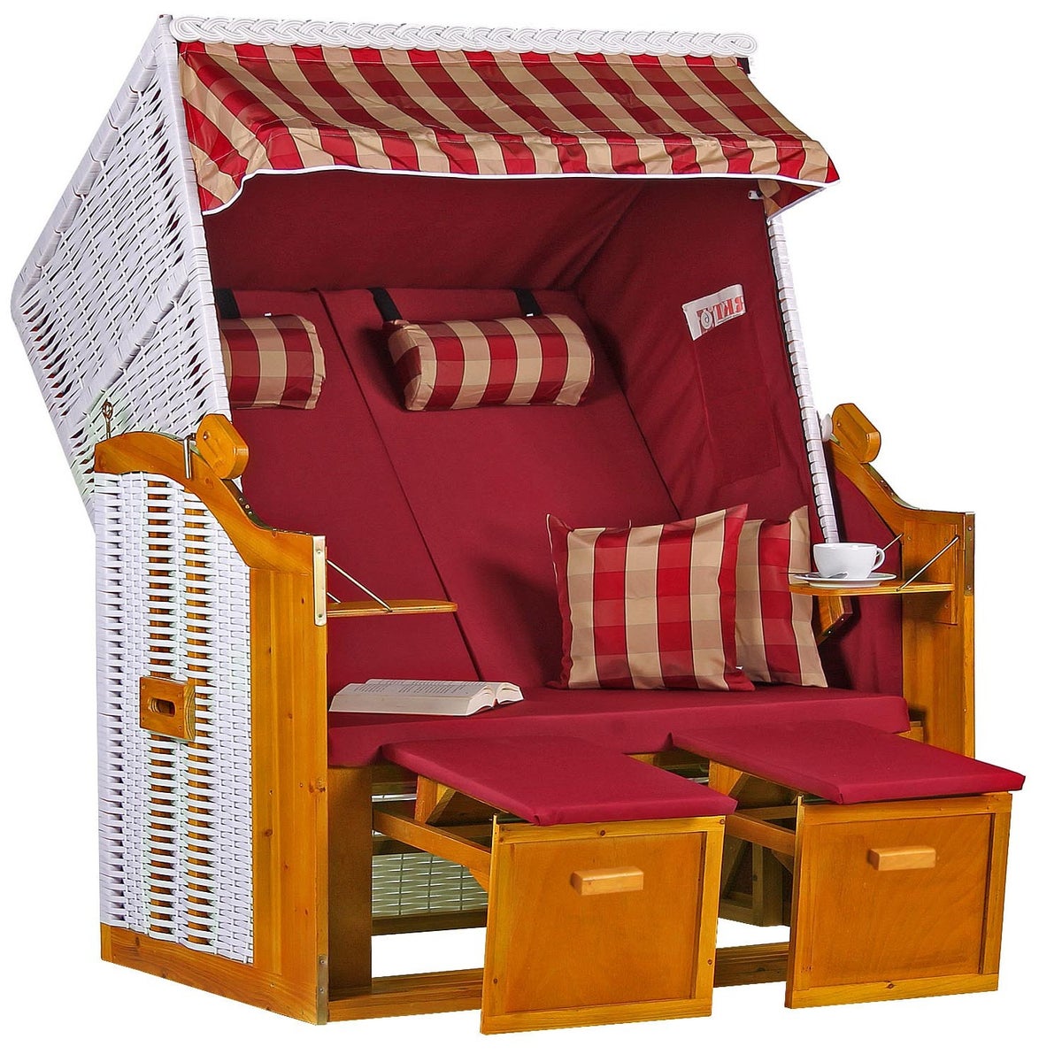 Baltic PE strandstoel, wit, effen kleur, ruitjesmotief rood