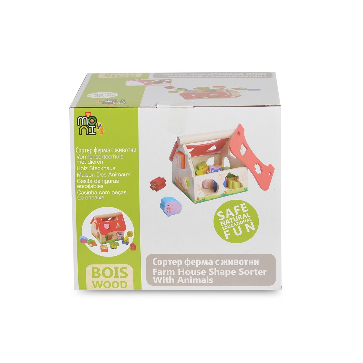 Moni Sortierspiel Tierhaus 2044 Formsortierspiel aus Holz, 12 Formen und Figuren bunt
