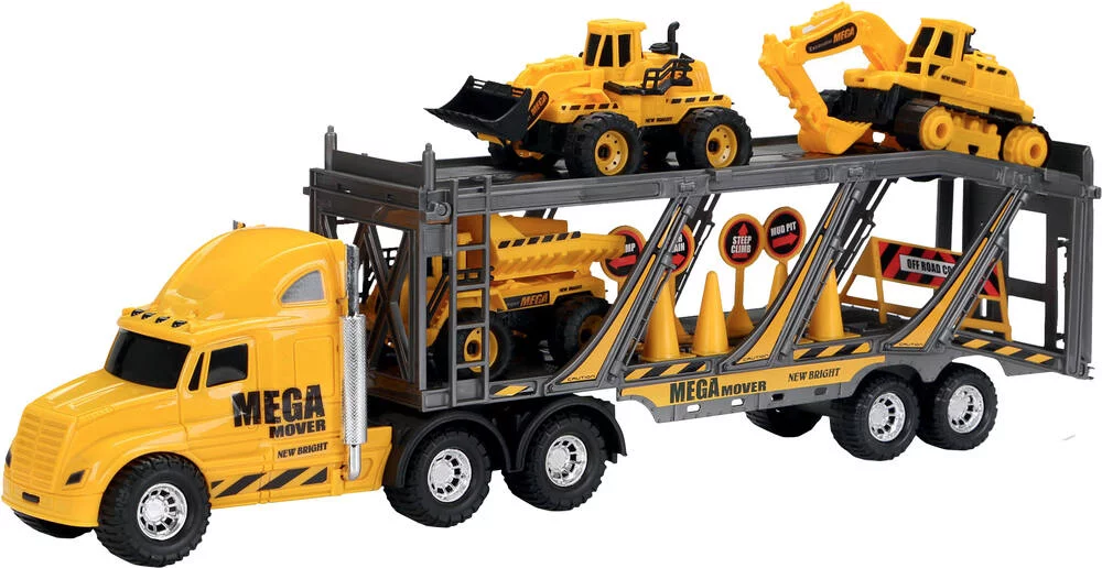 TRANSPORTEUR AVEC 3 ENGINS DE CONSTRUCTION