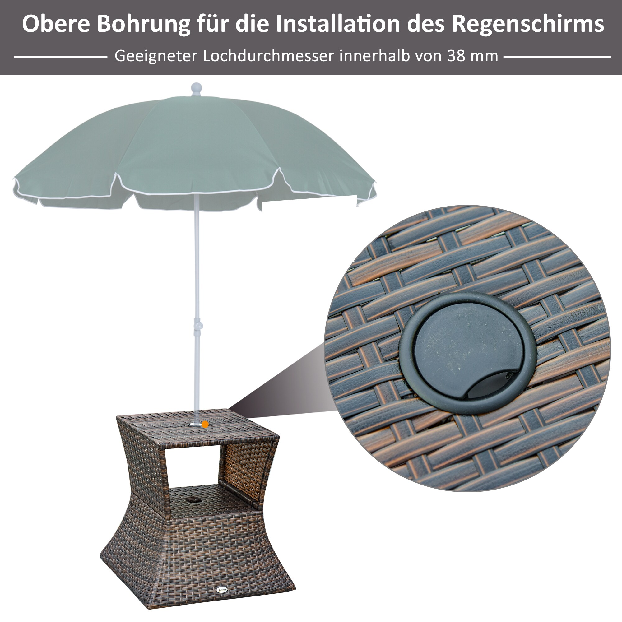 Outsunny Rattan-Gartentisch mit Sonnenschirm-Halterung braun 54 x 54 x 55 cm (LxBxH)