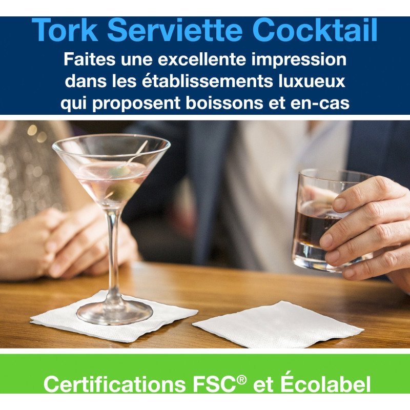 Serviette Cocktail Tork ouate 2 plis 24 x 24 cm, blanche - Paquet de 200