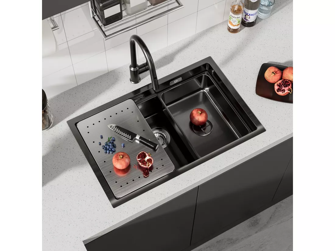 Cecipa max Évier 1 Bac 70×44CM Évier à Encastrer Noir avec Egouttoir et Vasque + Mitigeur de Cuisine à Ressort avec 3 Modes de Sortie D'eau, Brossé