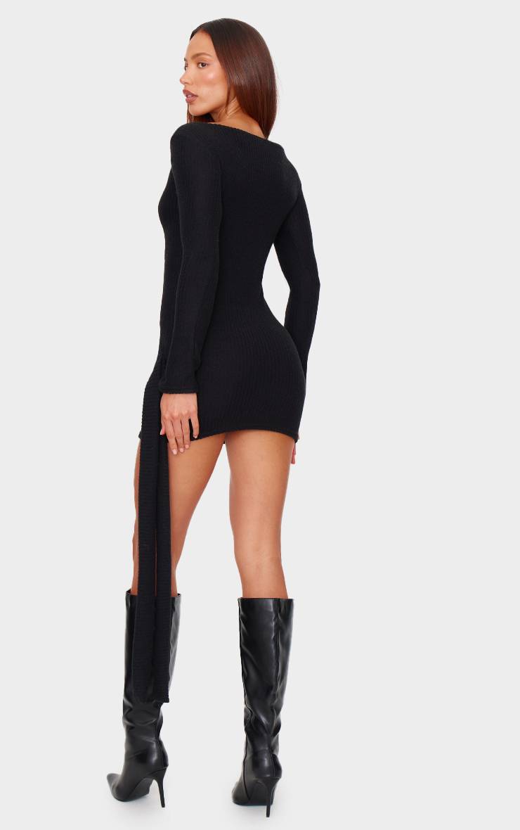 Noir Robe Moulante Côtelée Brossée Avec Détail Ceinture À Nouer À La Taille