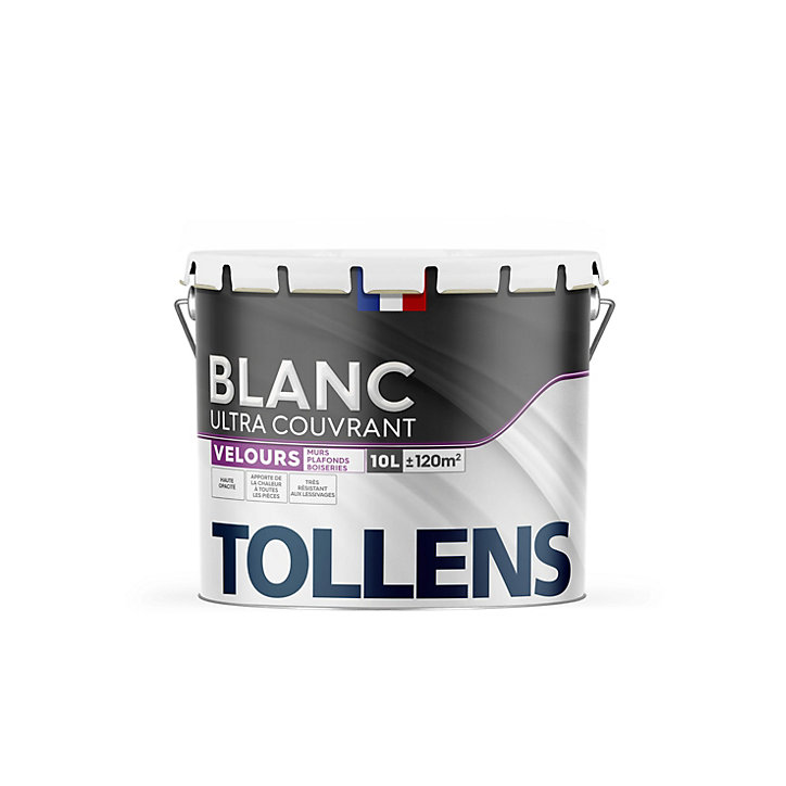 Peinture Tollens ultra couvrant murs, plafonds et boiseries velours blanc 10L